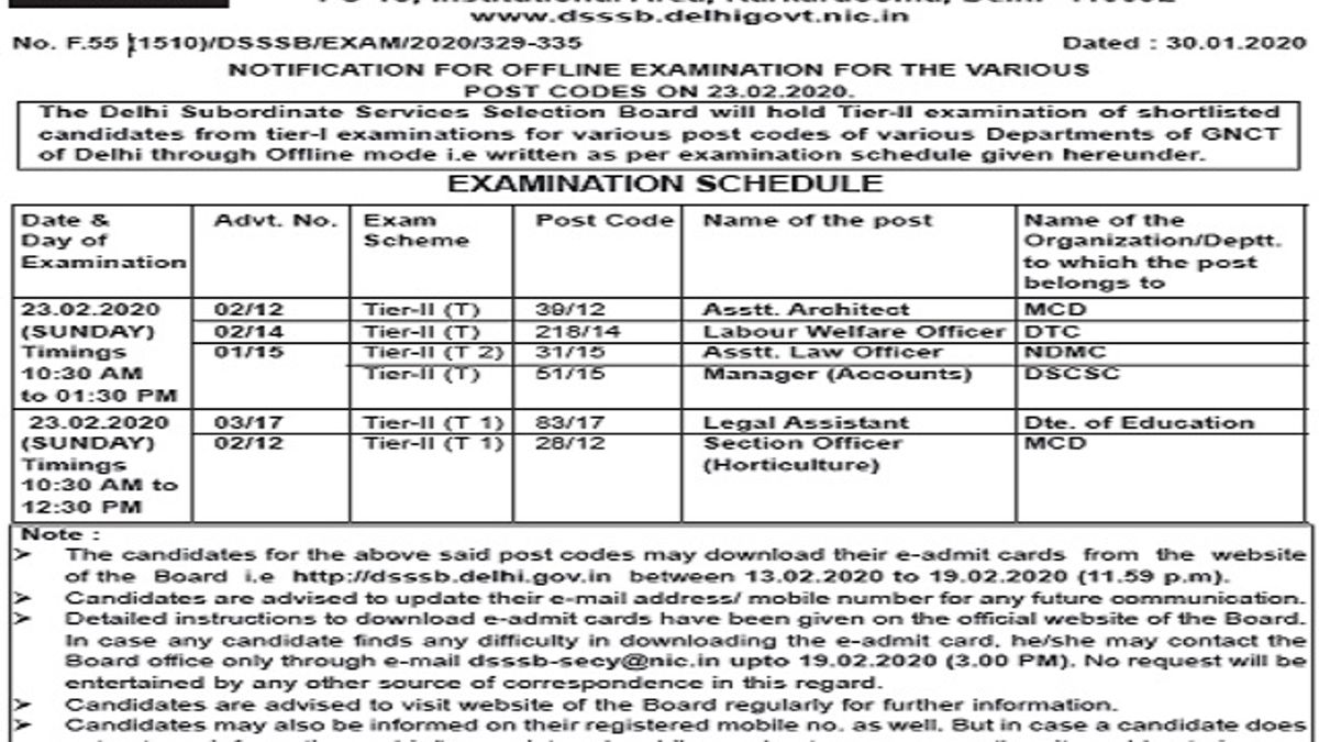 DSSSB Tier II Exam Schedule for SO and Other